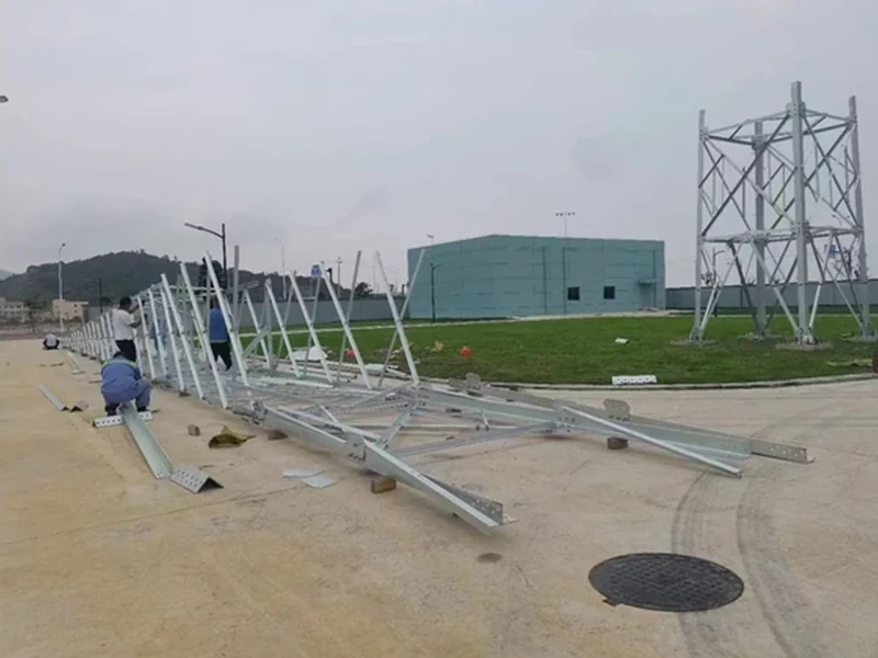 Steel tower trial assembly in the factory yard