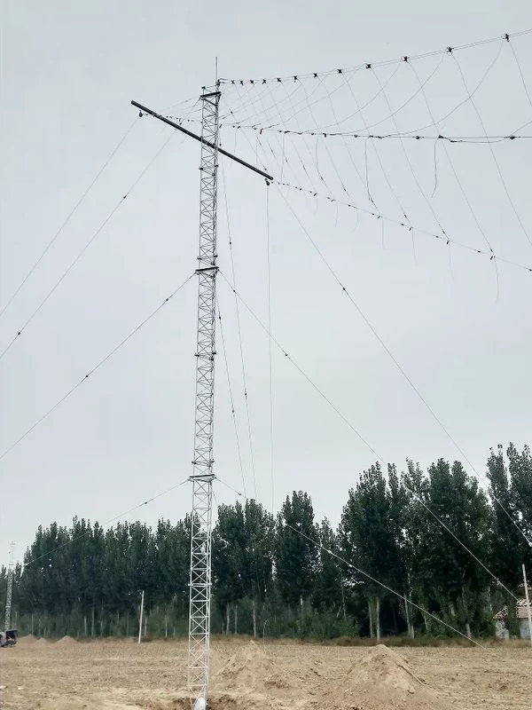 Guyed meteorological lattice tower with long sensor boom above a forest site
