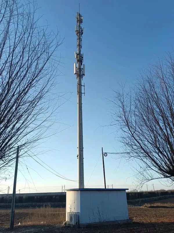 Communication monopole carrying several sector antennas above an equipment room