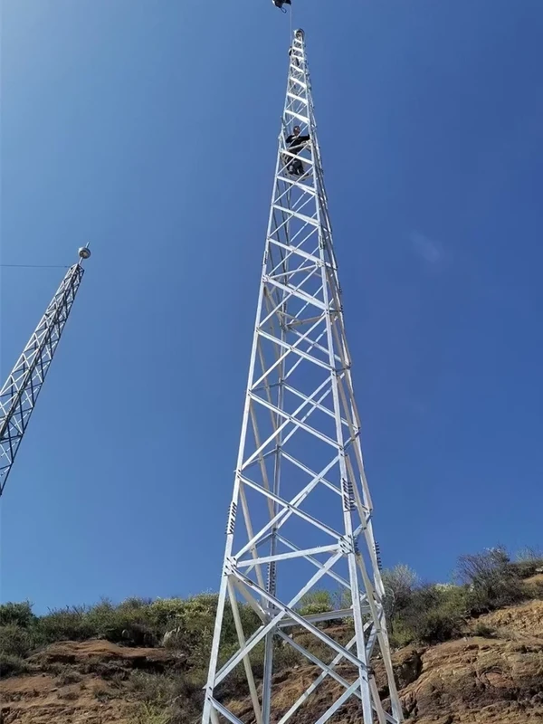 Four-leg galvanized lattice lightning protection tower viewed from below