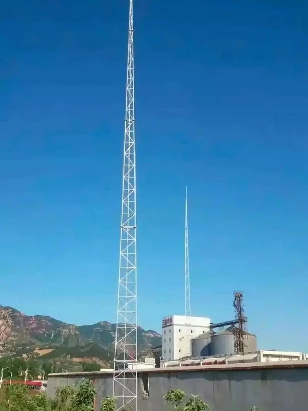 Tubular lattice lightning protection tower at an industrial site with mountains in the background