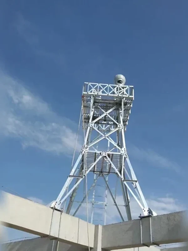 Four-leg galvanized rooftop monitoring tower with microwave dish, square platform and access ladder