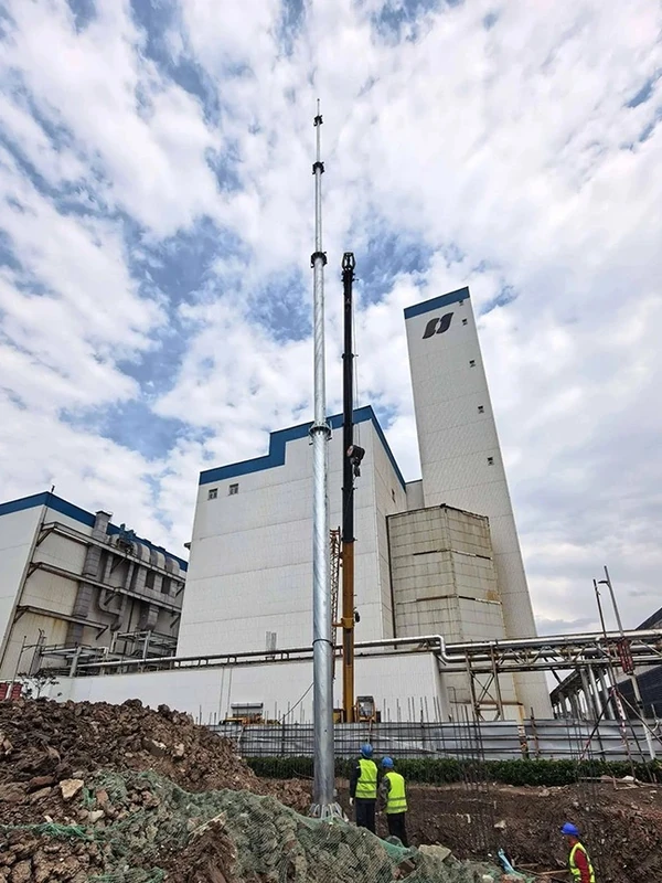 Monopole lightning mast installed at a power plant