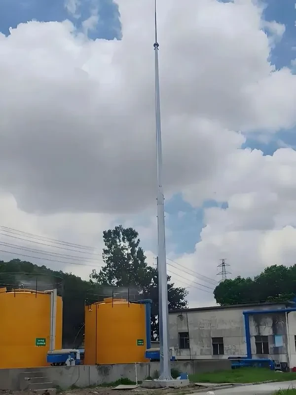 Monopole lightning mast protecting an industrial storage tank area