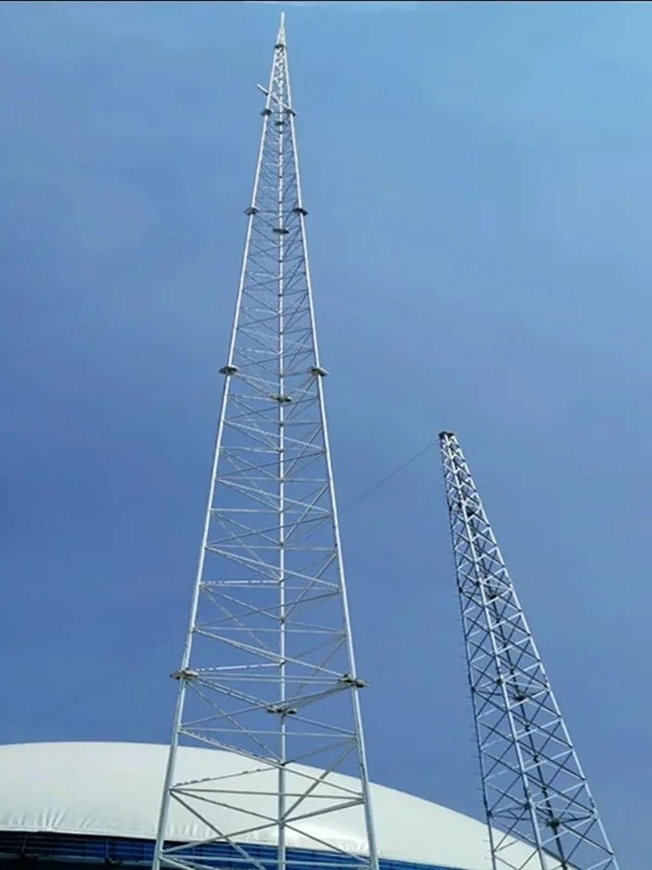 Two tubular lattice lightning protection towers installed beside an industrial building